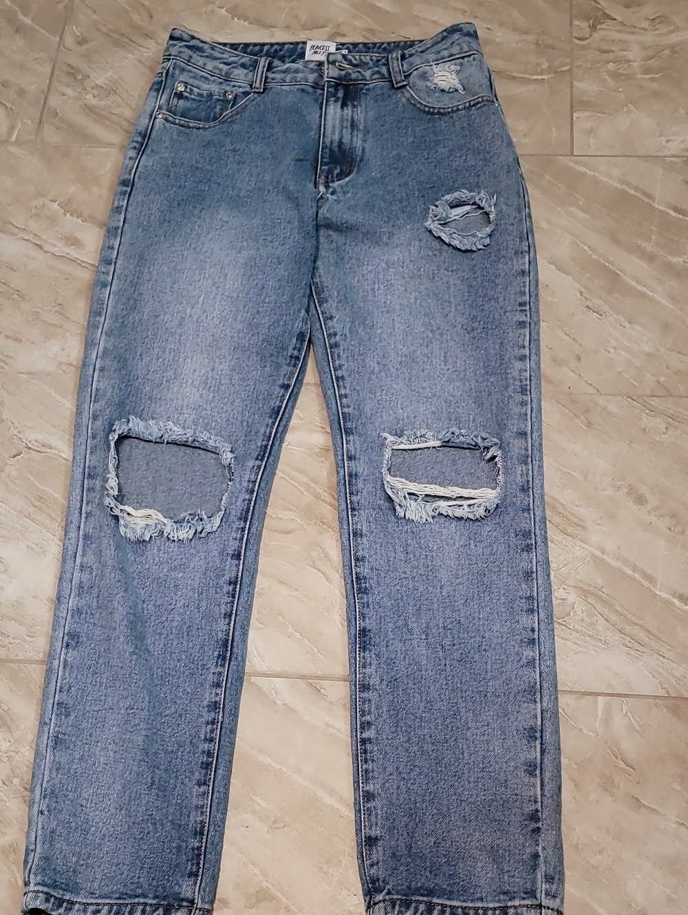 Princess Polly Distressed Boyfriend Jeans - Light Blue Denim